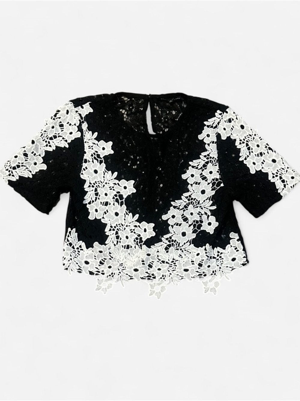 Endless Rose Black Lace Crop Top with White Floral Lace S